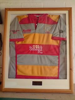 Peterborough Lions RUFC shirt framing with Brass plates engraving.