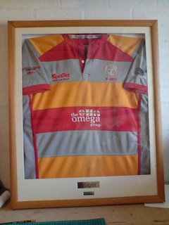 Peterborough Lions RUFC shirt framing with 2 Brass plates engraving.