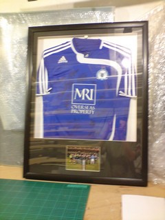 Peterborough united football shirt framing, Signed POSH shirt with custom photo windows.