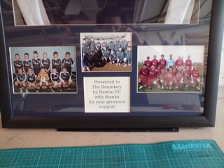 Custom photo window shirt framing with info window. Presented to The Boundary by Baston FC with thanks.